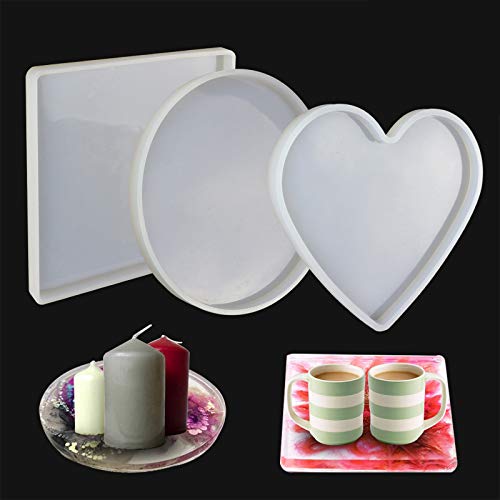 Large Resin Molds , 3 Pcs Large Tray Molds including Round, Square, Heart Shape