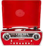 Crosley CR6047A-RE Powel 7-in-1 Bluetooth in/Out Vinyl Record Player with AM/FM Radio, CD Player, and Aux-in, Red