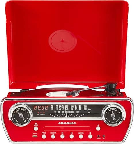 Crosley CR6047A-RE Powel 7-in-1 Bluetooth in/Out Vinyl Record Player with AM/FM Radio, CD Player, and Aux-in, Red