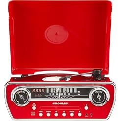 Crosley CR6047A-RE Powel 7-in-1 Bluetooth in/Out Vinyl Record Player with AM/FM Radio, CD Player, and Aux-in, Red - Les Beatles, Paul McCartney, John Lennon, RIngo Starr, George Harrison