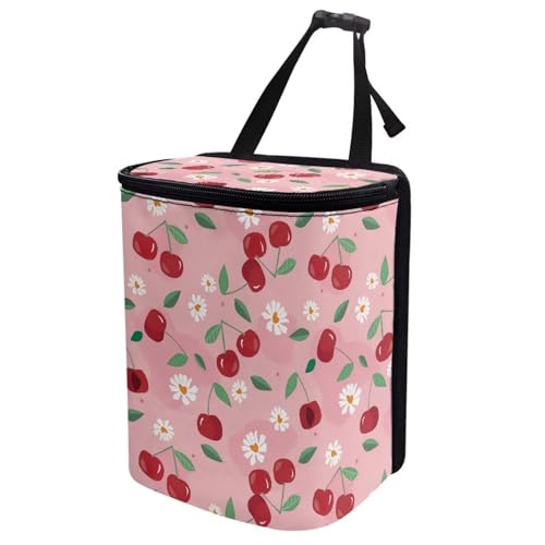 Image of Car Trash Can with Lid - Leak-Proof Garbage Bin, Hanging Waste Basket, Interior Organizer Bag, Cherry Daisy