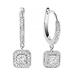 Pendientes de aro grandes con colgante de corte princesa de diamante y oro blanco, Oro blanco de 18 quilates, Diamante hecho