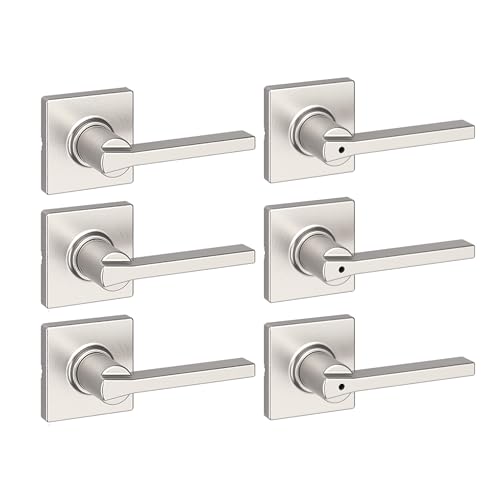 Image of Kwikset Casey Hallway Passage and Bed /Bath Privacy Door Handle 6 Pack, 3 Passage Levers and 3 Privacy Levers, Satin Nickel Reversible Interior Handles with Microban Protection