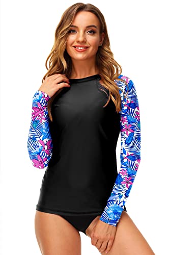 Deerose Womens Rash Guards Long Sleeve Colorblock Surf Uv Swim Shirts Swimsuits 2Xl Blue Leaves #TOP2