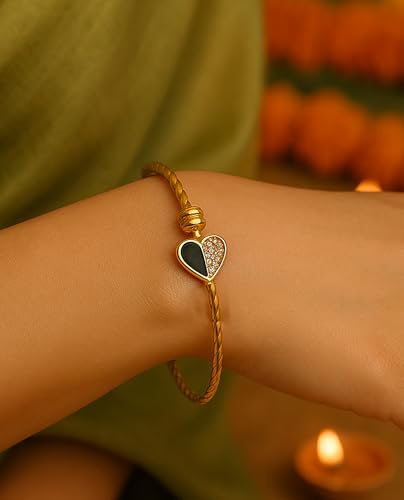 Image of Gold Plated Heart Bangle Bracelet, Twisted Rope Design with Black and Crystal Accent, Adjustable Cuff Style, Fashion Jewelry for Women