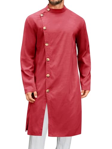 Runcati Mens Kaftan Thobe Button Down Long Sleeve Robe Casual Henley Shirt Cotton Muslim Gown Kurta Tops