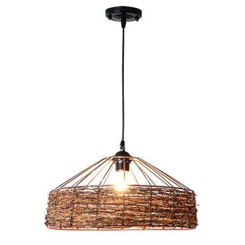 Lustre rotin et osier marron suspension vintage en métal chic de 50 cm pour salon