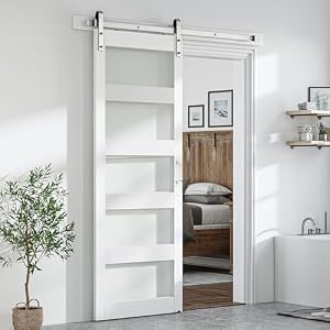 SmartStandard 28 x 84 inch Glass Barn Door with 5FT Brushed Nickel Sliding Hardware Kit & Handle, Pre-Drilled Ready to Assemble, Waterproof PVC Coating, White, 5-Panel Glass