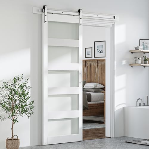 SmartStandard 30 x 80 in Glass Barn Door with 5FT Sliding Hardware Kit & Handle, Pre-Drilled Ready to Assemble, Waterproof PVC Coating, White, 5-Panel Glass