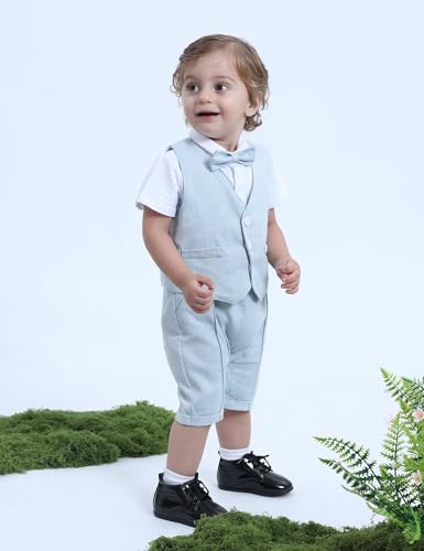 A&J DESIGN 4pcs Baby Boys Suit, Gentleman Outfits 3 Months - 18 Months, Romper & Vest & Berets Hat & Bow Tie3