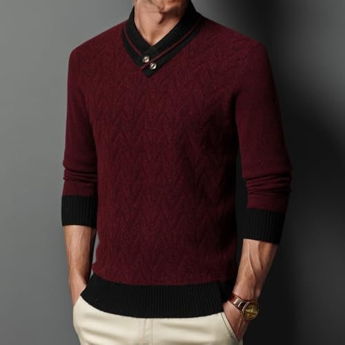 100% Wool Men's V-Neck Warm Sweater Jacquard Casual Plain Knit Sweater3