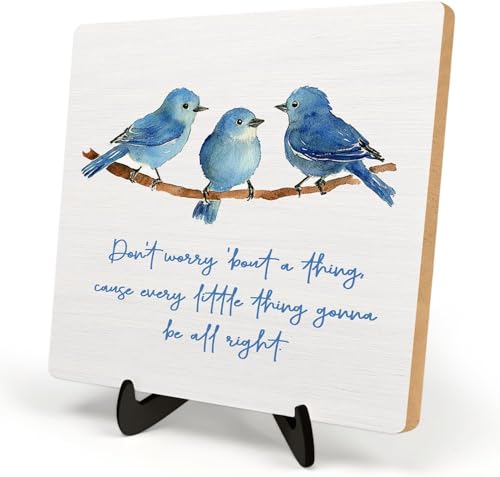 Inspirational Wooden Sign,Every Little Thing Is Gonna Be All Right,Plaque with Watercolor Birds, Positive Quote Desk Decor for Home Office, Uplifting Gifts for Women Teachers Friends, Graduation Gift (Blue, 5.9x5.9inches)