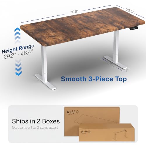 Image of VIVO Rustic Vintage Brown 71 x 36 in Standing Desk, DESK-KIT-1W7N-36 | Electric, Holds 220 lbs, Sit Stand, Height Adjustable, Extra Deep Table Top, Memory Presets, 1B Series, White Frame
