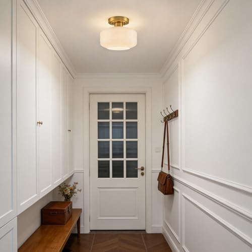 Image of DAYCENT Semi Flush Mount Ceiling Light Gold Modern Ceiling Lighting 9-Inch Vintage Globe Milk White Glass Hallway Light Fixtures Hardwired Small Brass Flush Mount Light for Bathroom Porch Entryway