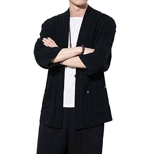 Image of Mens Japanese Kimono Cardigan Cotton Linen Haori Fashion 3 /4 Sleeve Yukata | Shawl Collar Kimono Jacket Robe Embroidery Patchwork Happi Coat Tie Pockets Lightweight Outerwear Daily Casual All Seasons