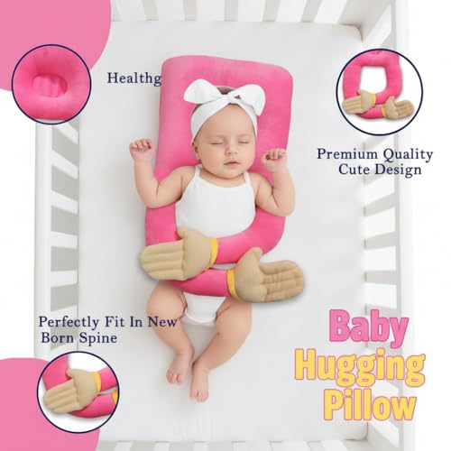 Image of U-Shaped Sleeping Pillow with Arms, Pink Plush Body Support Cushion, 38cm Ergonomic Design, Soft Fabric