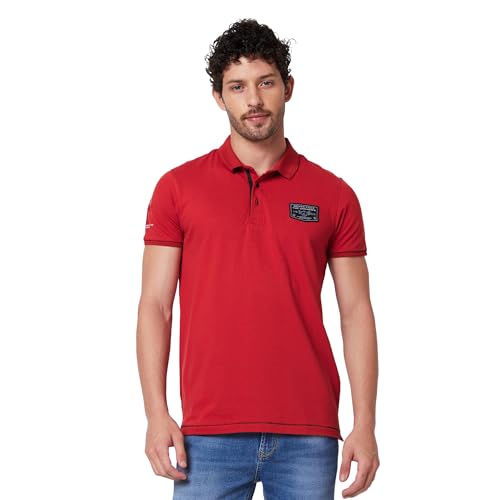 Image of Spykar Men's Slim Fit Polo Neck Half Sleeve Solid Casual T-Shirt