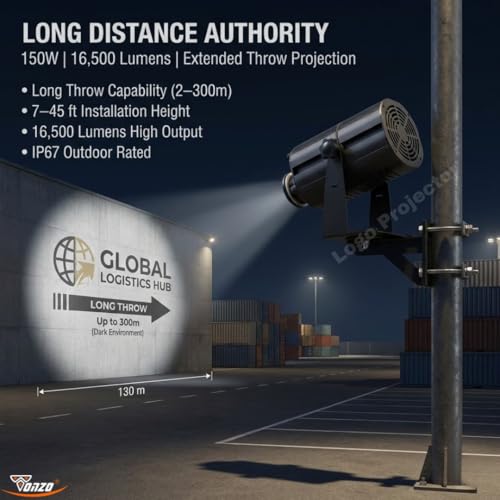 Image of TONZO 150W LED Logo Projector Light, 16500 Lumens, 7-45ft Range, 1 Custom Lens, IP67 Waterproof Outdoor GOBO Projector with Remote, Static & Rotating Signage Light for Shop Event Business Storefront