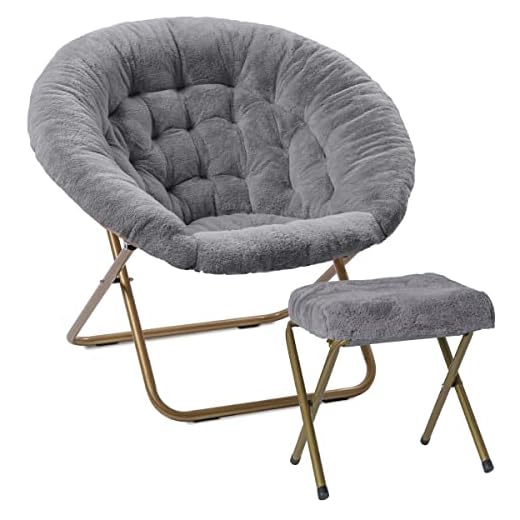 Milliard Cozy Chair with Footrest Ottoman/Faux Fur Saucer Chair for Bedroom/X-Large (Grey)
