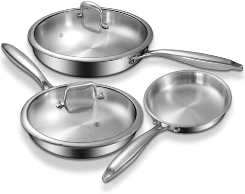 Tri-Ply Stainless Steel Frying Pans Set with Lid, EWFEN 8”/10”/12” Cooking pans, PFOA&PTFE Free Skillet, Induction Cooking Pan, Dishwasher and Oven Safe, Fast & Even Heat, Suitable for All Stove