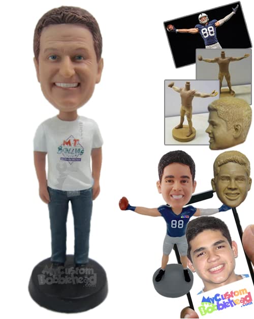Custom Bobblehead Handsome Boy Having A Good Time Wearing A T-Shirt, Jeans and Casual Footwear