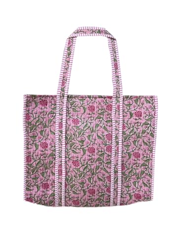 Image of Quilted Cotton Handprinted Reversible Large multicolor Floral Tote Bag,Hand Block Print Shopping Shoulder Carry Bag