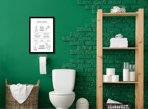 Image of Mira Mest Framed Bathroom Wall Decor | Funny Quotes & Cute Animal Art Prints | Quirky Toilet Signs & Guest Bath Decorations | Minimalist Black & White Washroom Signs | Ready to Hang Toilet Humor for Home & Powder Room (TOILET RULE)