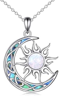 YAFEINI Sun and Moon Necklace for Women 925 Sterling Silver Celtic Crescent Moon Pendant Blue Opal/White Opal/Abelone Shell/Labradorite/Moonstone Jewellery Gift for Teen Girls