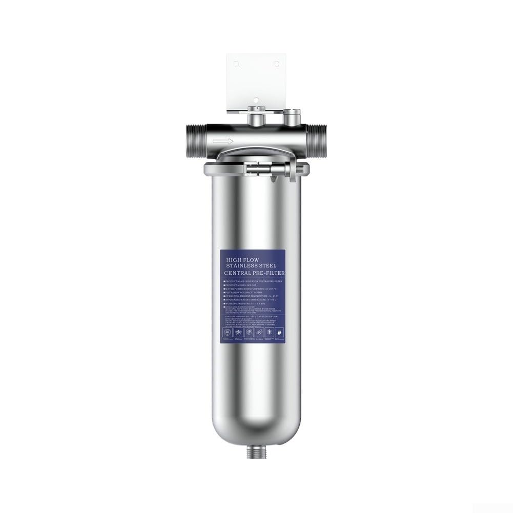 Filtro depuratore d'acqua ad alto flusso, capacità 4000 l, in acciaio inox, pre-filtro per sedimenti per impianti idraulici domestici, 29,5 x 85 cm, argento (seta esterna a 4 punti)