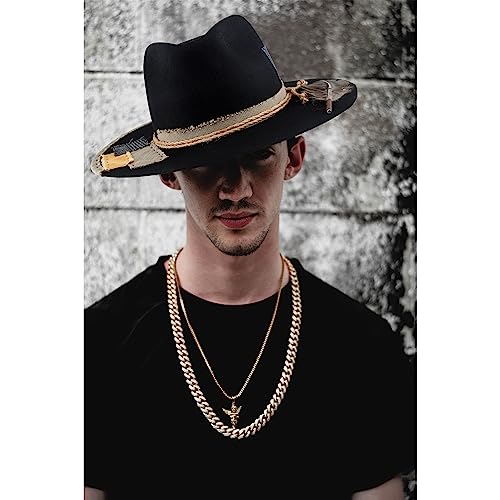 Image of RUEDIGER Wide Brim Fedora Hats for Men Women 100% Wool Felt Panama Rancher Hat with Lightning Logo Distressed /Burned Handmade