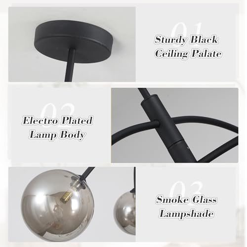 Image of Mid Century Modern Chandelier Black 5 Light Industrial Pendant Light Fixture Vintage Smoke Gray Globe Glass Sputnik Chandeliers for Bedroom Kitchen Living Room Hallway