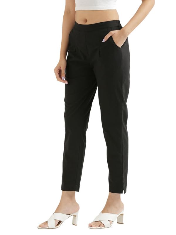 Image of SAADAA Pack of 2 Women's Cotton Pants | Regular Fit Mid-Rise Comfortable Trousers with Pockets | Casual