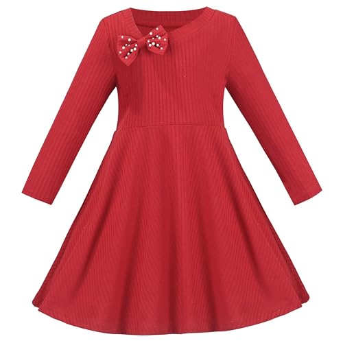 Sunny Fashion Girls Dress Red Christmas Stripe Pearl Vintage Party Long Sleeve