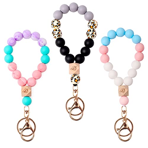 Urmforweilin 3Pcs Key Chains Women For Car Keys, Cute Wristlet Keychain Leopard Car Key Ring Bracelet Keychain For Women Silicone Beaded Circle Wrist Stretchy Keychain Holder Bracelet #TOP20