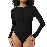 Up2Fantasy Body Damen Langarm Elegant Bodysuit Stringbody Damen Rippstrick Druckknopf Tops Blusenbody Schwarz XS