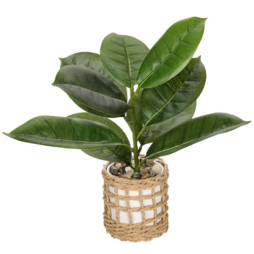 Briful Fake Plants Potted Plant Artificial Realistic Houseplant in White Ceramic Vase Wrapped Woven Pot, Fiddle Leaf Fig Faux Plant Indoor for Home Farmhouse Wedding Living Room Shelf Decor