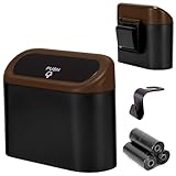 Ginsco Mini Car Trash Can with Lid, ABS Small Car Trash Bin, Car Accessories for Interior, Cute Leakproof Car Garbage Bin for Car, Home, Office with Additional 1 Hooks and 45pcs Trash Bags Brown