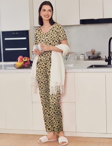 Ekouaer Pajama Sets for Women 2 Pack, Short Sleeve with Long Pant Pjs Sleepwear Comfy Lounge Sets with Pockets4
