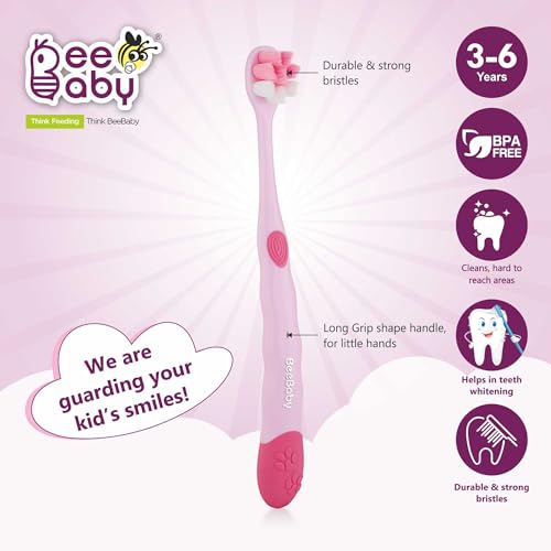 Image of BeeBaby Brush Buddy Toothbrush for Kids 3-6 Years, Long Handle for Easy Grip, 10 x Softer Tapered Bristles Ideal for Milk and Permanent Teeth, 100% BPA Free. Yellow & Pink. Pack of 2