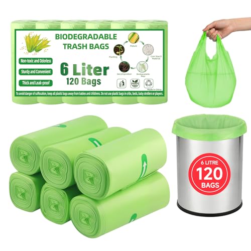 Biodegradable Food Waste Bags 6L Small Compostable Caddy Bin Bags Liners Clear Green Food Recycling Garbage Trash Bags for Kitchen Home Office Supplies 120 PCS
