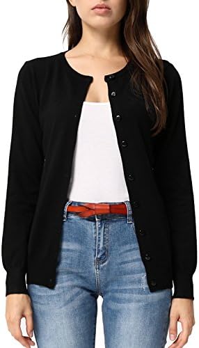 Women Crew Neck Long Sleeve Button Cardigan (XL,Black)