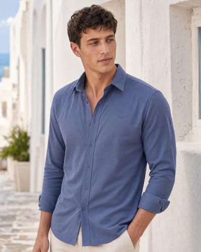 Image of Nobero Everyday Comfort Shirt for Men | Cotton Shirts for Men in 205 GSM Plated Interlock | Stand Collar | Regular Fit | Full Sleeve