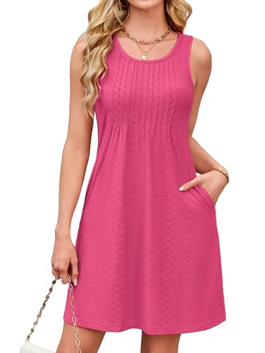 Image of Kikibell Women's Summer Sleeveless A Line Solid Color Mini Dress Beach Short Dress Hot Pink S