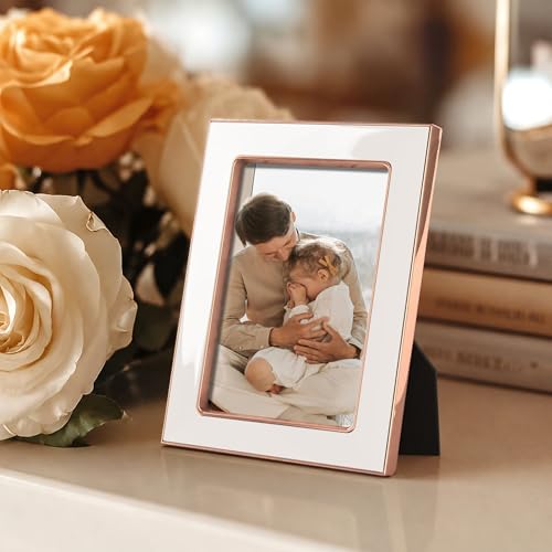 Image of eletecpro 2.5x3.5 Enamel Picture Frame with Real Glass Cover, Small Photo Frame with Rose Gold Metal Edge Display Pictures 2.5 by 3.5 for Tabletop and Wall Decor, White, 1 Pack