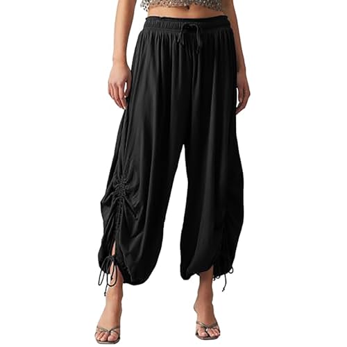 Capri Pants for Women Dressy Casual Summer Drawstring Cotton Linen Pants Straight Wide Leg Capris Loose Fit Trouser