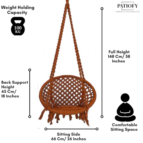 Image of Patiofy Cotton Round Swing Chair for Adults and Kids /Swing for Home /Swing for Balcony /Jhula for Adults /Jhoola for Living Room /Swing for Indoor & Outdoor /with Hanging Kit (Brown)