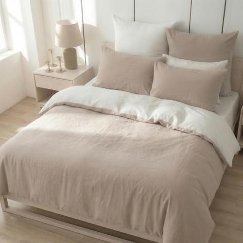 Nesture Bettwäsche 200x200 Baumwolle Beige/Weiß - Bettwäsche-Sets 3teilig Weich 100% Gewaschene Baumwoll Enthält 1 Bettbezug 200 x 200cm und 2 Kissenbezug 80x80 mit Reißverschluss