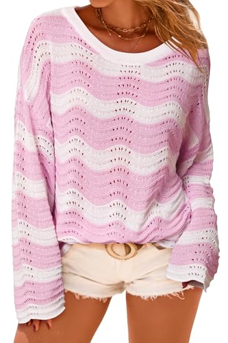 Arach&Cloz Womens Linen Summer Spring Oversized Boat Neck Crochet Hollow