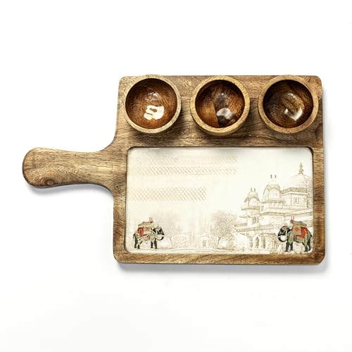 Image of Handcrafted Mango Wood Serving Platter with 3 Dip Bowls | Traditional Elephant Print | Waterproof, Heat-Resistant, Food-Safe Lacquer Finish | 15.5 x 10 Inch | Made in India (3katori-WhiteElephant)