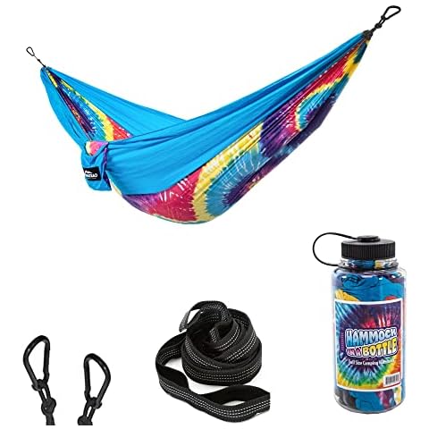 Hammock in a Bottle by Castaway Living, Tiedye Double Camping Hammock with 2 Tree Straps, 32 oz. Bottle, Triple Stitched Durable Nylon Material, Compact Design for Travel, Beach, Backyard, 400 Lbs. Cover